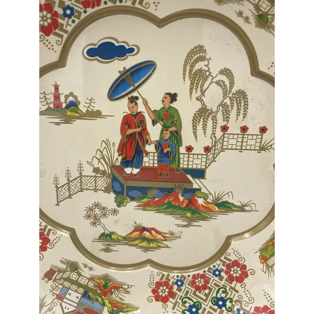 Vintage 1971 Daher Asian Ladies Decorated Metal Ware Floral Serving Bowl England